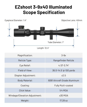 EZshoot 3-9x40 illuminated scope with specifications listed below.
