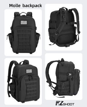 Black Molle backpack shown from multiple angles -EZshoot 40L Molle Rucksack Assault Pack for Men Women