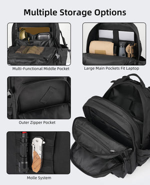 Black backpack with multiple storage options -EZshoot 40L Molle Rucksack Assault Pack for Men Women