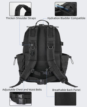 Black backpack with features highlighted -EZshoot 40L Molle Rucksack Assault Pack for Men Women