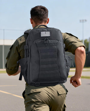 Person wearing a black backpack with an American flag patch -EZshoot 40L Molle Rucksack Assault Pack for Men Women