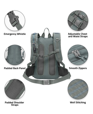 adjustable chest and waist straps padded back panel – EZshoot Hiking Water Backpack (grey)