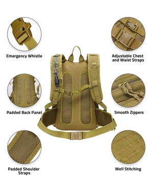 adjustable chest and waist straps padded back panel – EZshoot Hiking Water Backpack (khaki)