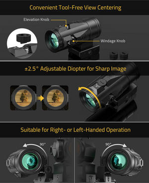 convenient tool-free view centering – EZshoot aluminum-bodied magnifier
