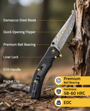 damascus steel blade quick opening flipper – EZshoot folding or blade (black)