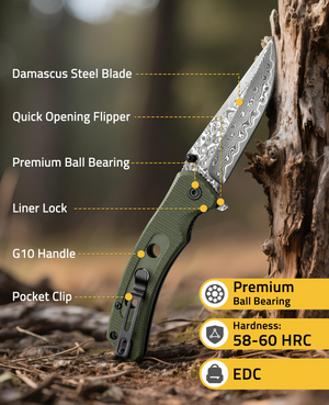 damascus steel blade quick opening flipper – EZshoot folding or blade (green)