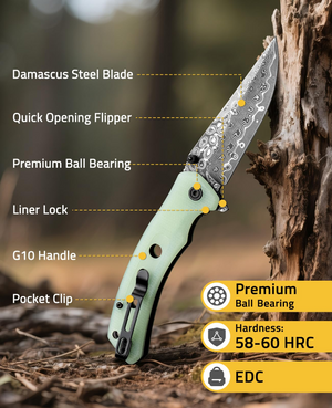 damascus steel blade quick opening flipper – EZshoot folding or blade (natural)