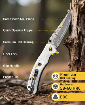 damascus steel blade quick opening flipper – EZshoot folding or blade (white)