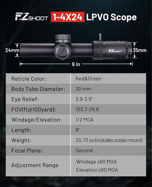 EZshoot 1-4x24 LPVO Rifle Scope, Second Focal Plane with Dual Illuminated BDC Reticle