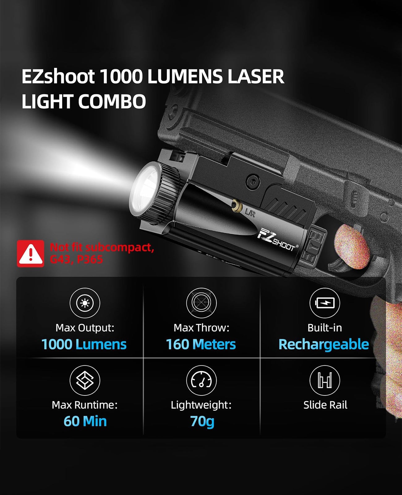 EZshoot 1000 Lumens Pistol Light Laser Combo, Rechargeable Gun Light with Slid Rail