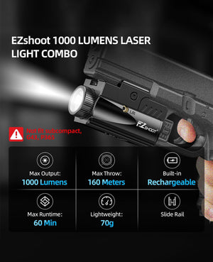 EZshoot 1000 Lumens Pistol Light Laser Combo, Rechargeable Gun Light with Slid Rail