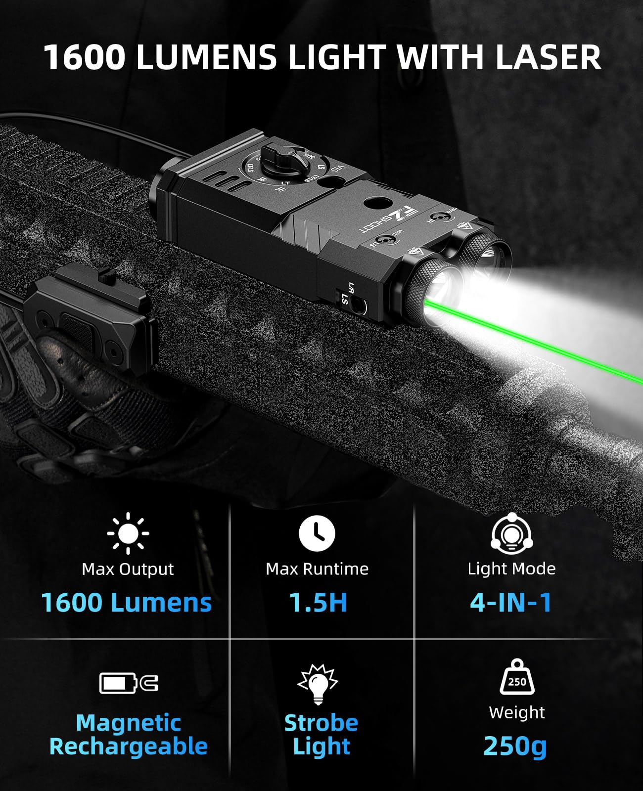 EZshoot 4-in-1 Best Flashlight Laser Combo with 1600 Lumens Bright Light Beam and Green Laser