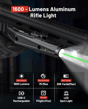 EZshoot 1600 Lumens Rifle Flashlight, Rechargeable Light Laser Combo