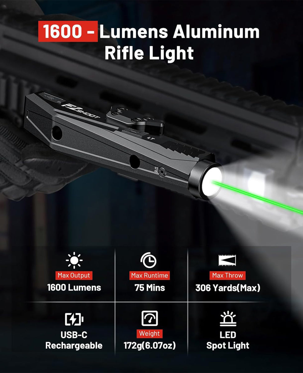 EZshoot 1600 Lumens Rifle Flashlight, Rechargeable Light Laser Combo