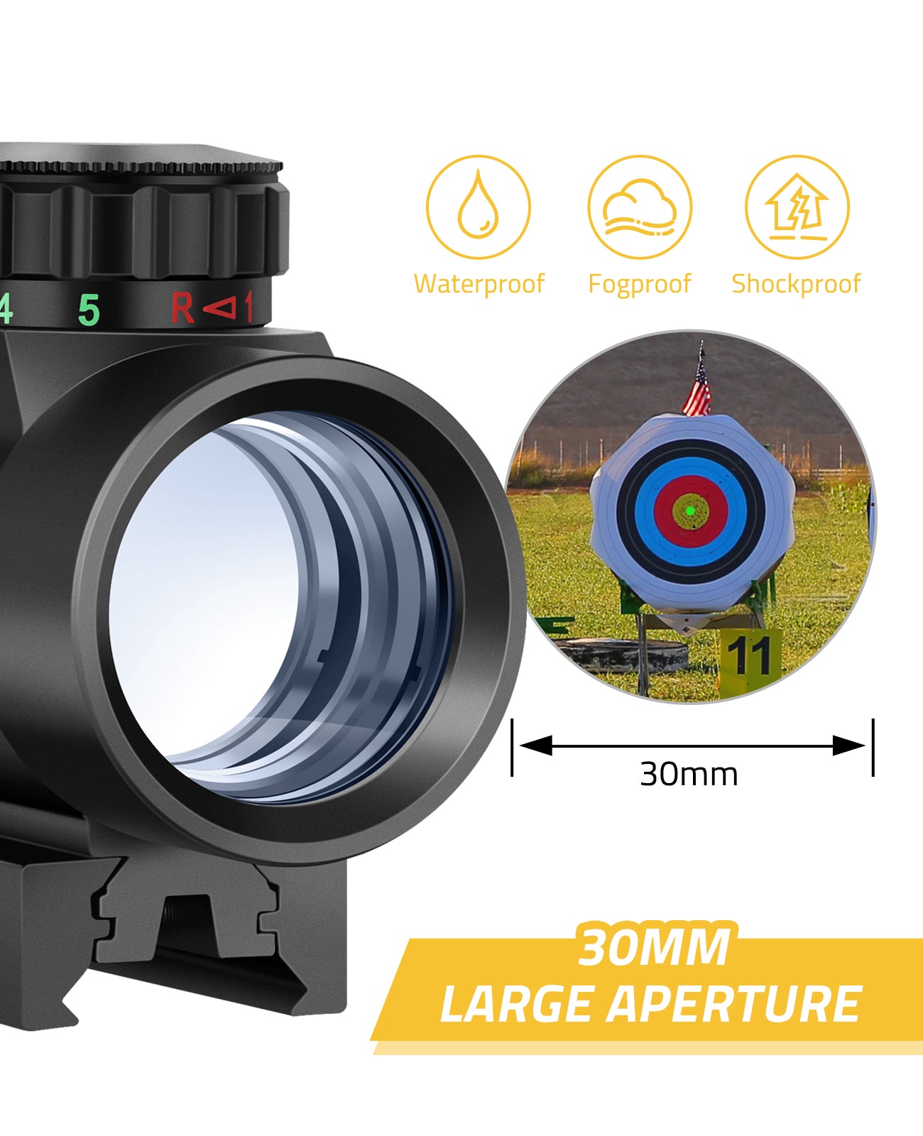 1x30mm Red Dot Sight with Waterproof, Fogproof and Shockproof Features