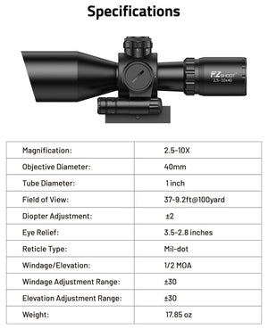 EZshoot 2.5-10x40 Rifle Scope, Illuminated Mil-dot Compact Scope with Red Laser