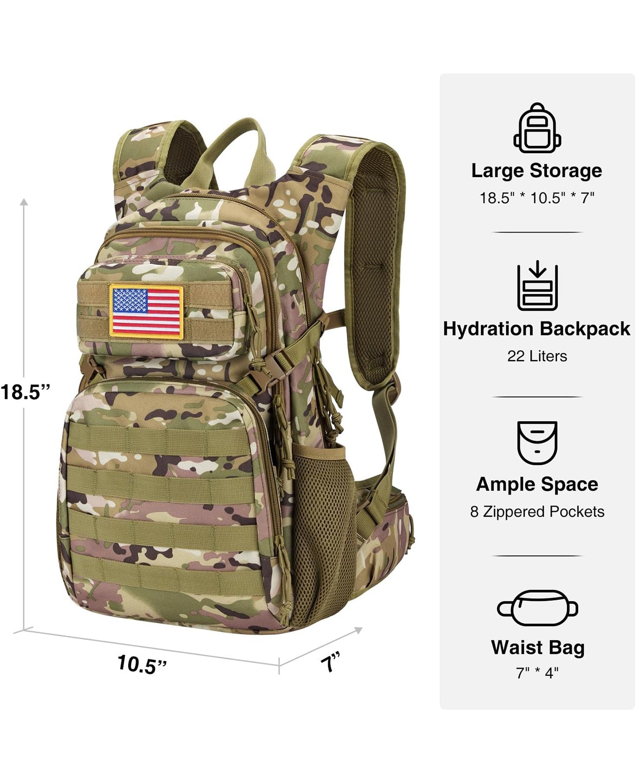 EZshoot 22L Tactical Hydration Backpack with 3L Water Bladder for Men Women