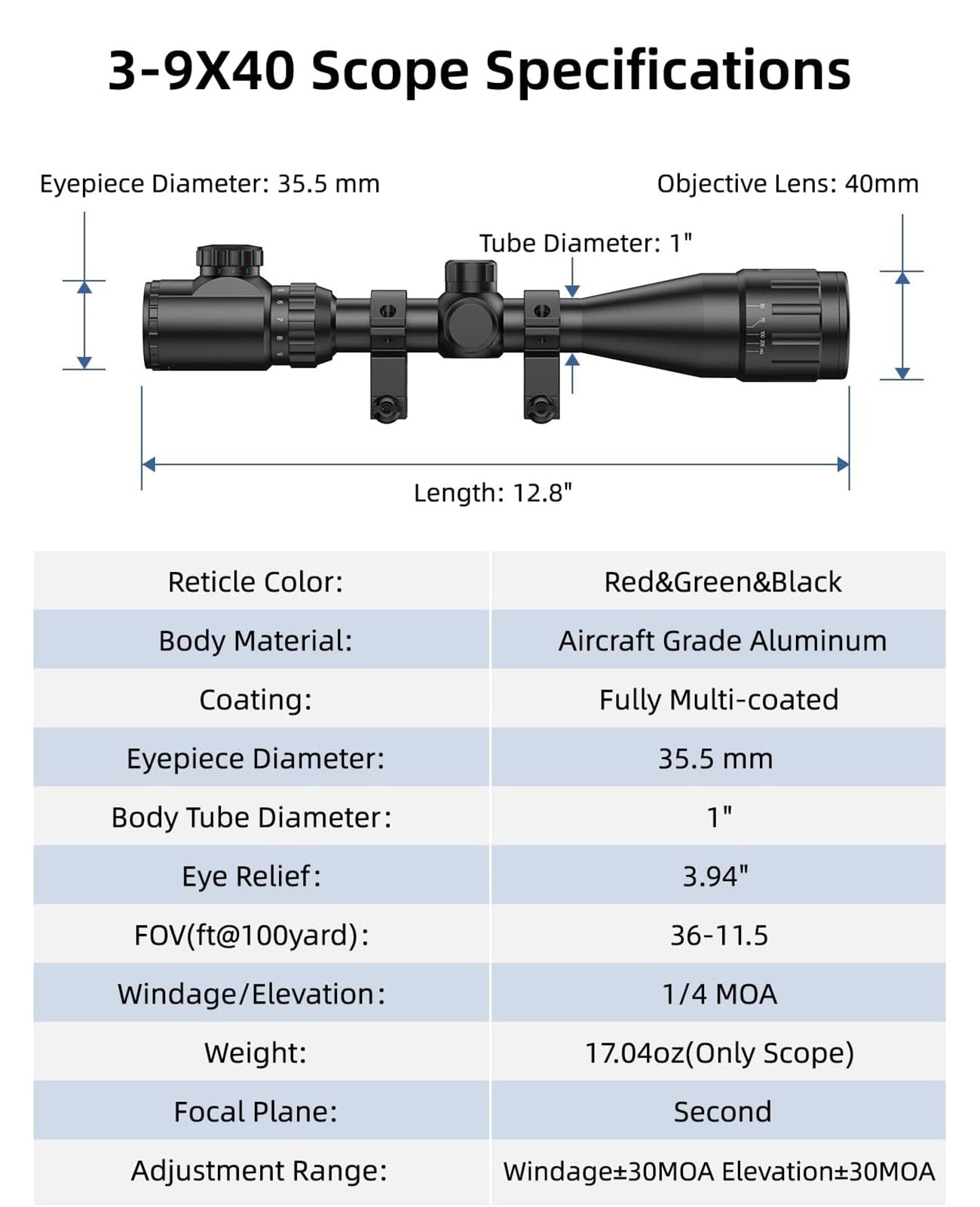 Specifications of EZshoot 3-9x40 SFP Rifle Scope with 20mm Picatinny Mount for AR-15 Rifles