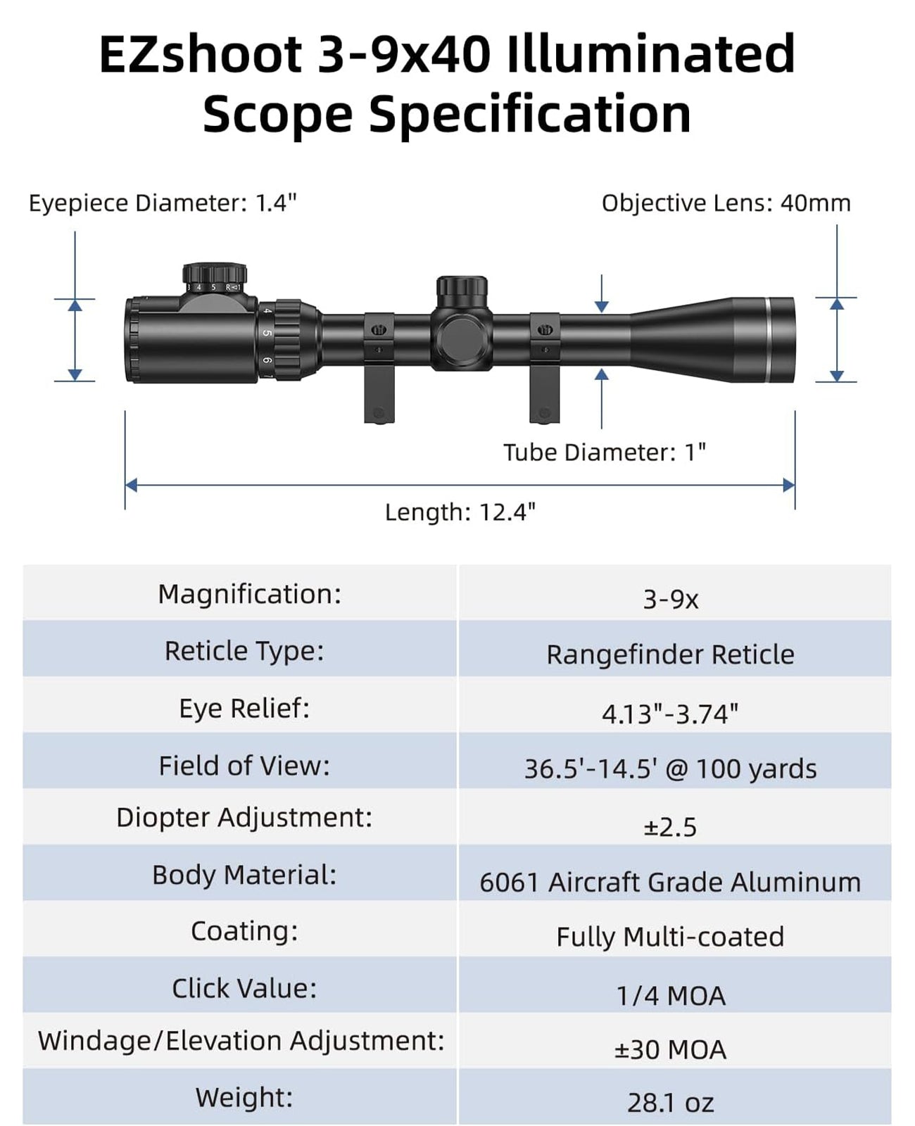 EZshoot 3-9x40 Scope Red Green Illuminated Scope with Crosshair Reticle