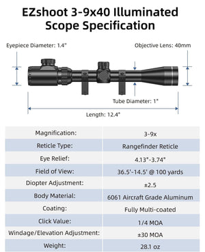 EZshoot 3-9x40 Scope Red Green Illuminated Scope with Crosshair Reticle
