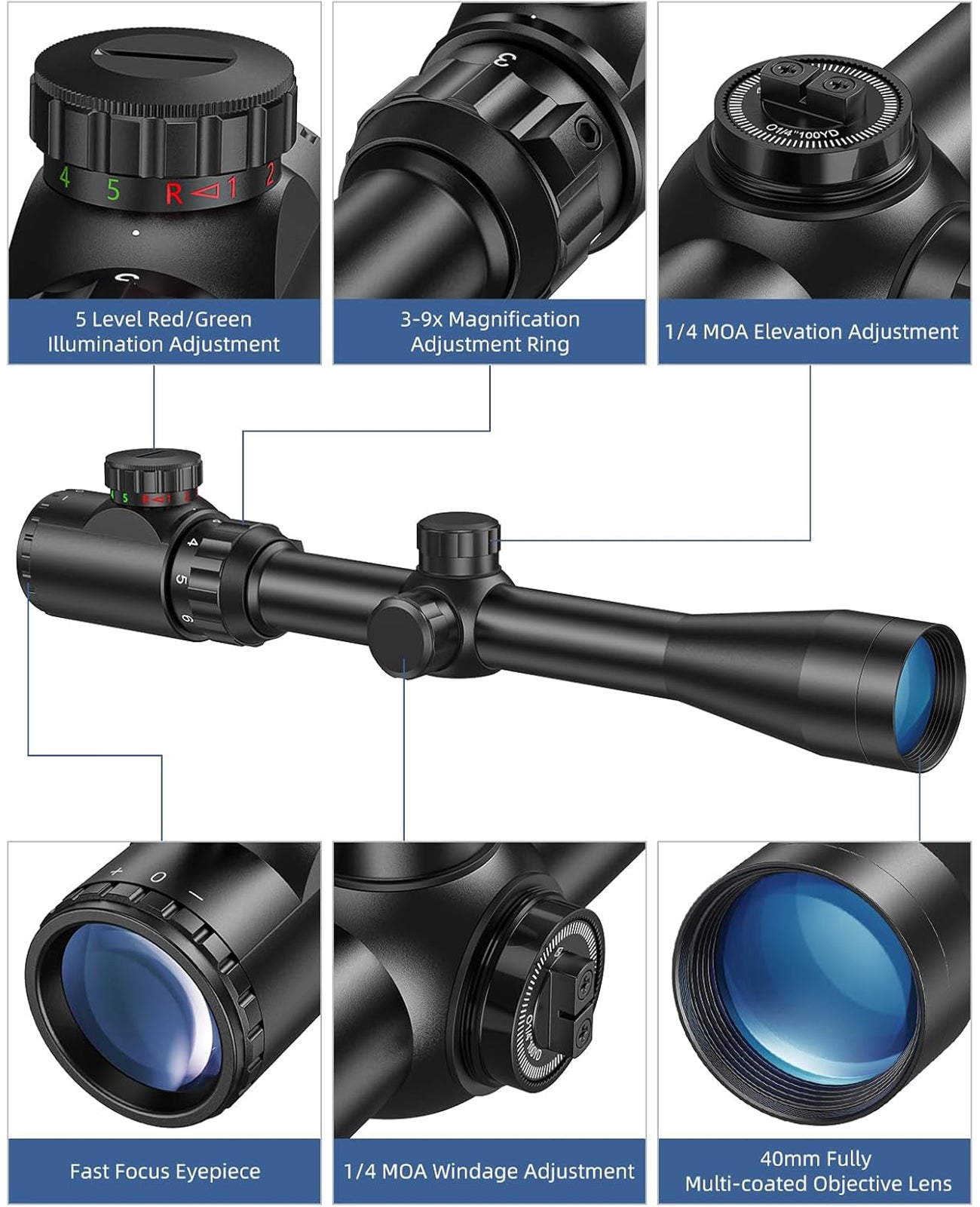 EZshoot 3-9x40 Scope Red Green Illuminated Scope with Crosshair Reticle