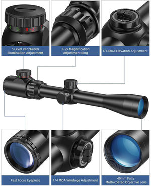EZshoot 3-9x40 Scope Red Green Illuminated Scope with Crosshair Reticle