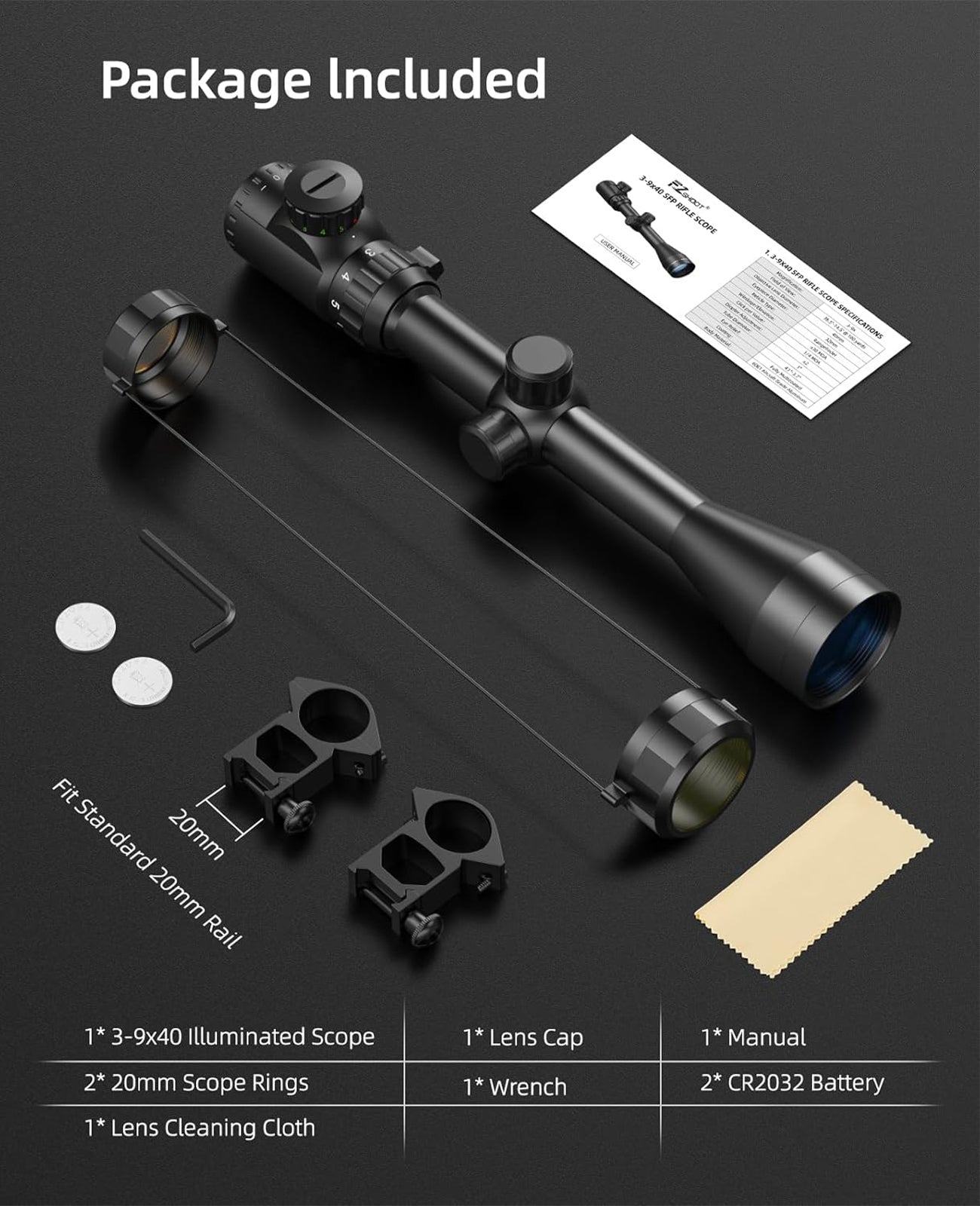 EZshoot 3-9x40 Scope Red Green Illuminated Scope with Crosshair Reticle