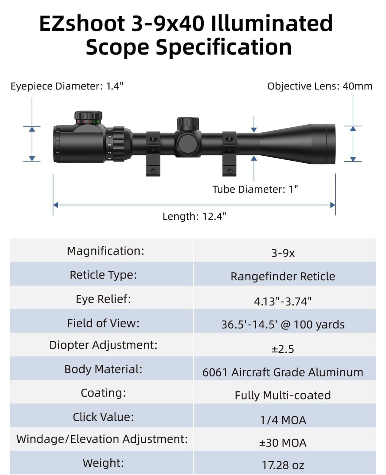 EZshoot 3-9x40 Scope Red Green Illuminated Scope with Crosshair Reticle