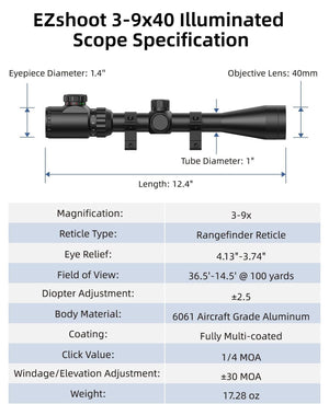 EZshoot 3-9x40 Scope Red Green Illuminated Scope with Crosshair Reticle