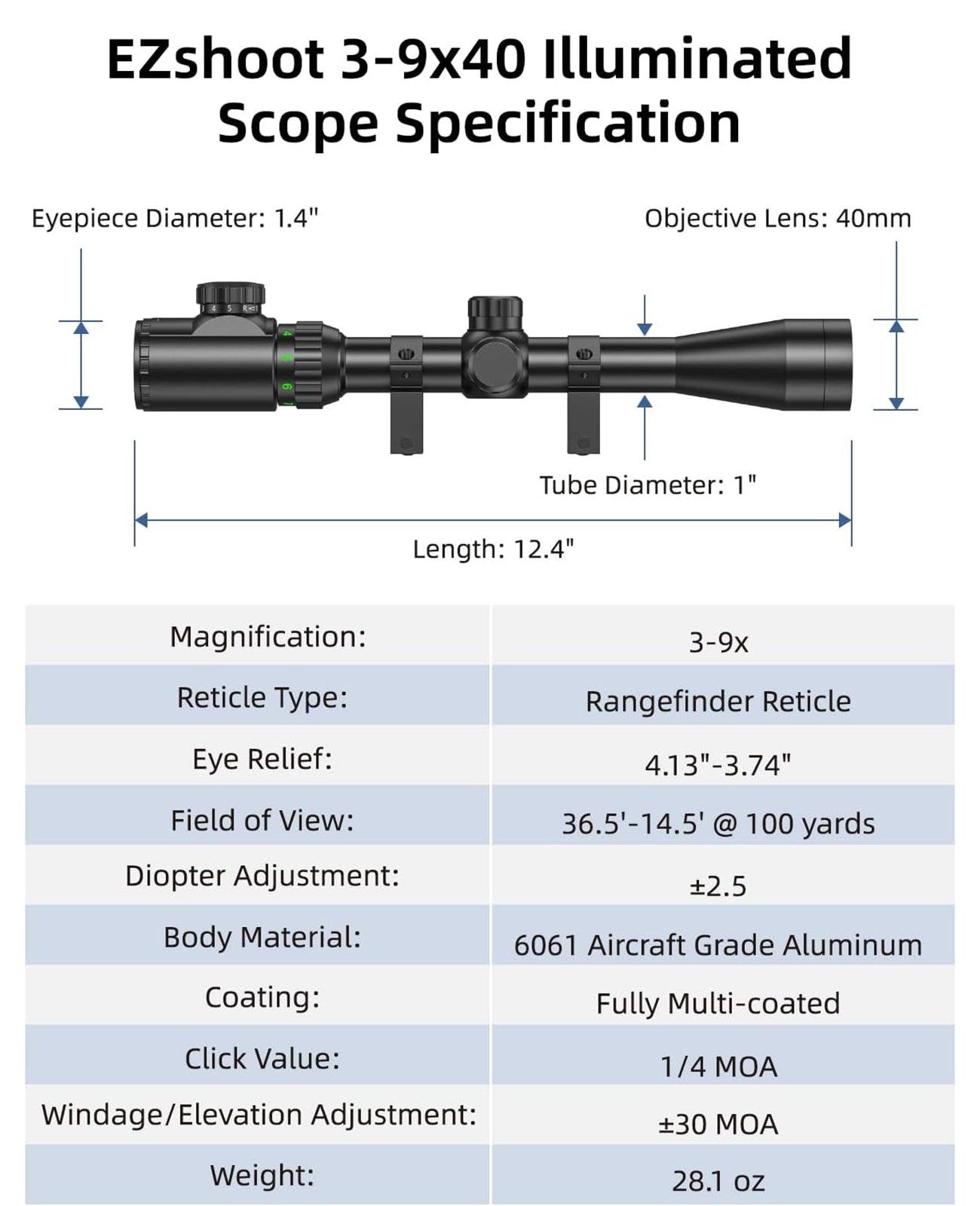 EZshoot 3-9x40 Scope Red Green Illuminated Scope with Mil-dot Reticle