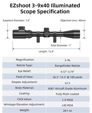 EZshoot 3-9x40 Scope Red Green Illuminated Scope with Mil-dot Reticle