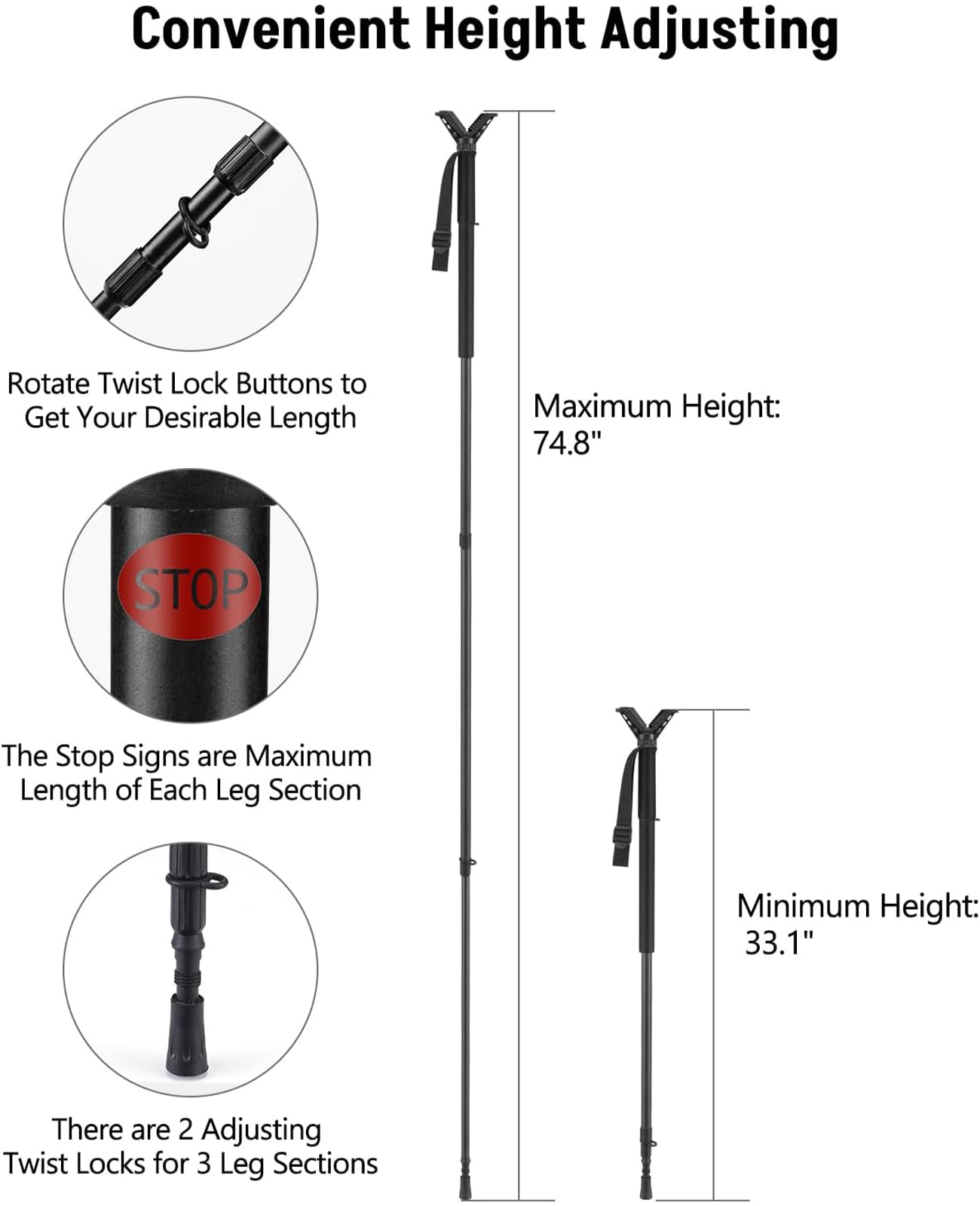 EZshoot 33.1" to 74.8" Height Adjustable Shooting Stick with V Yoke Rest