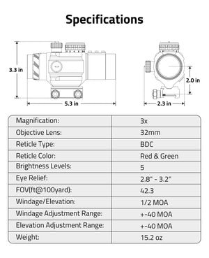 Specifications of EZshoot 3x32 Prism Tactical Rifle Scope with Piggyback Mount
