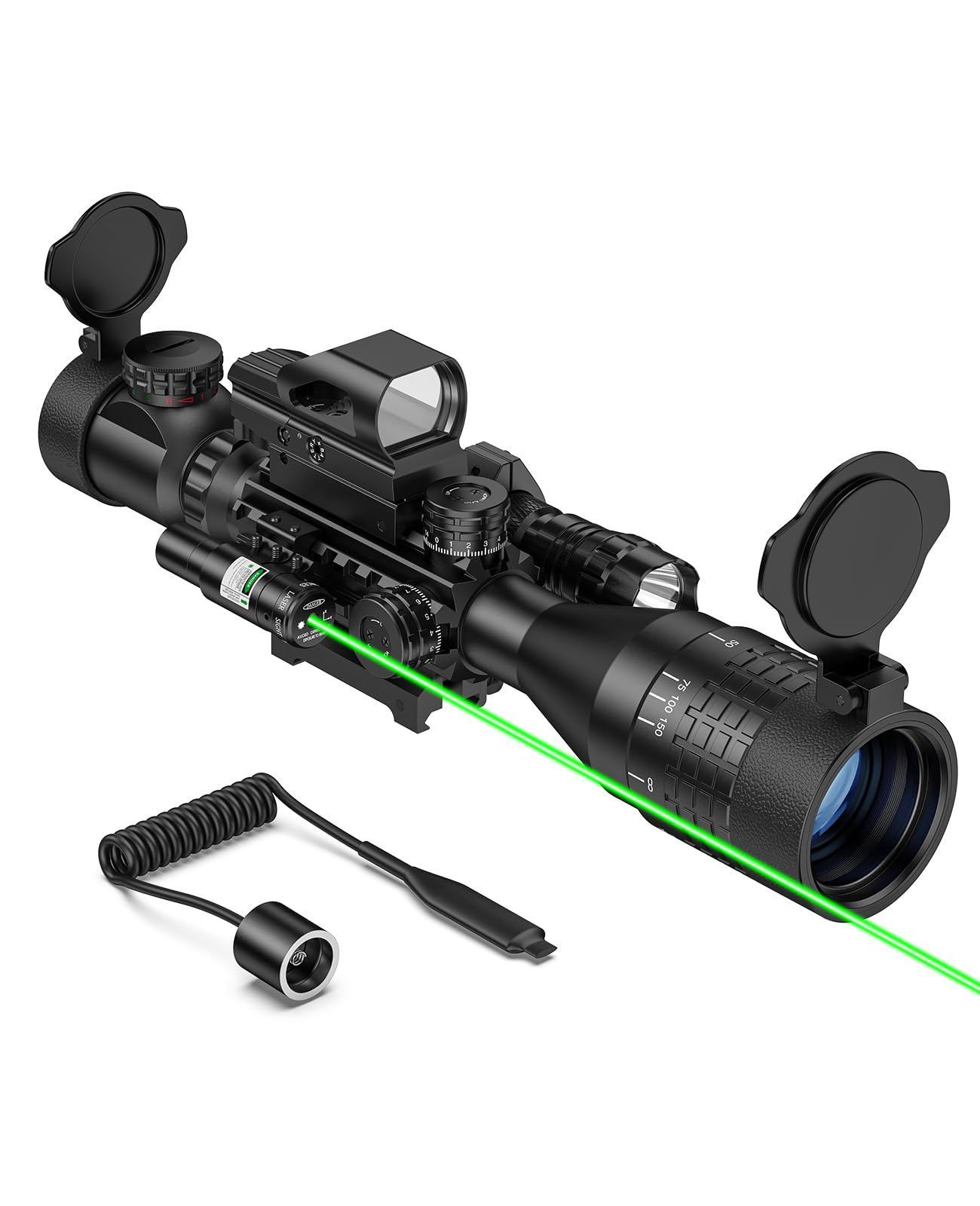 EZshoot 4-16x50 AO Rifle Scope Combo with Red Dot Sight, Flashlight and Green Laser
