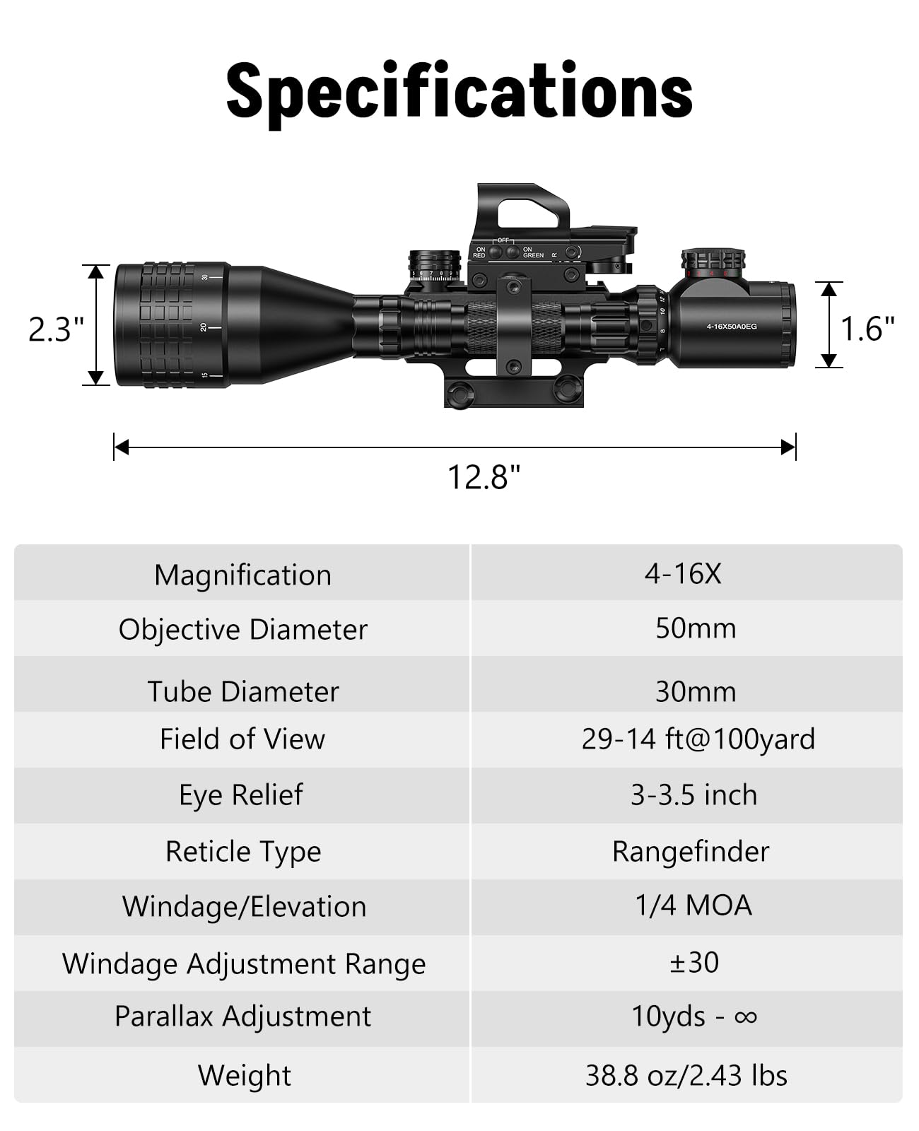 Specifications of EZshoot 4-16x50 AO Rifle Scope Combo - Best Rifle for AR-15 Shooting