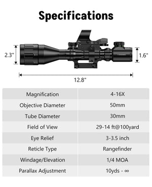 Specifications of EZshoot 4-16x50 AO Scope 5-in-1 Combo with Laser Sight