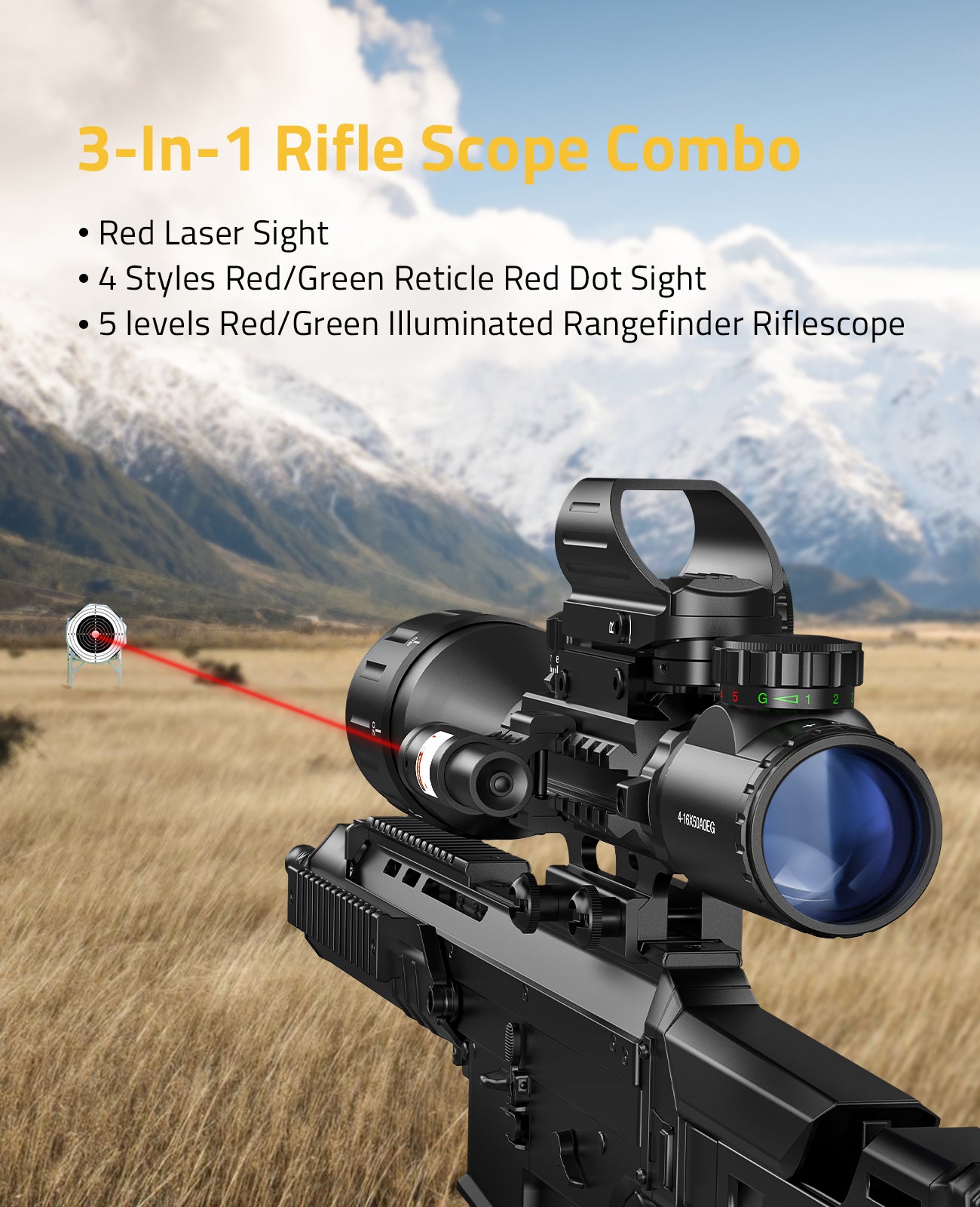 3-in-1 Rifle Scope Combo with Red Laser Sight, Red Dot Sight and Illuminated Riflescope
