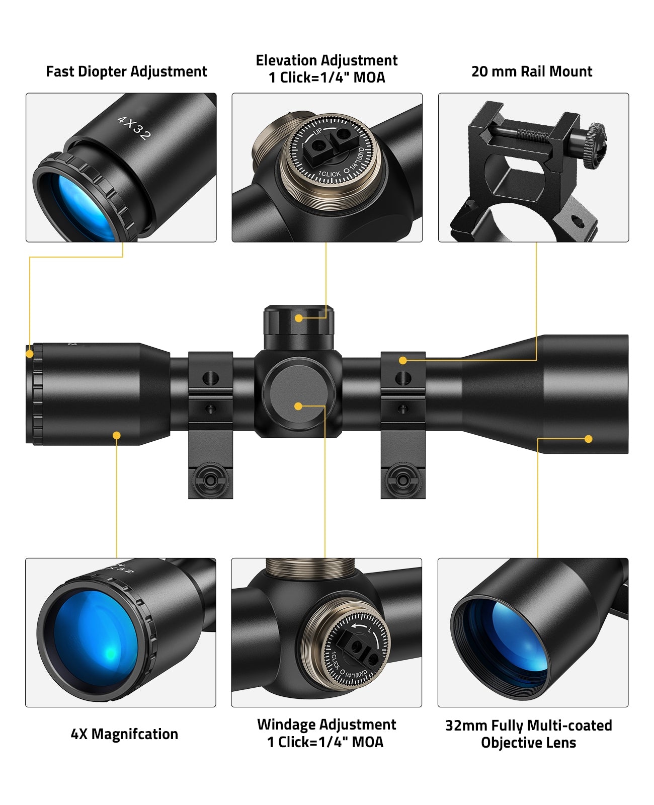 EZshoot 4x32 Compact Rifle Scope 1 Inch Tube Scope Optics with Mounts