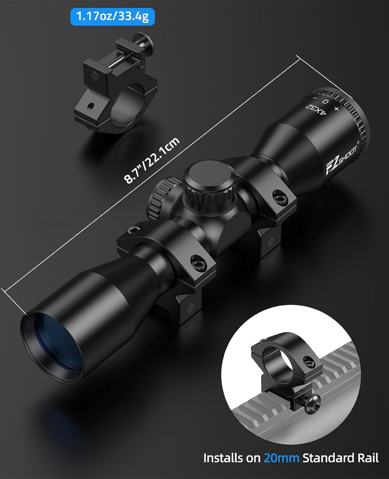 Product Size of EZshoot Compact Rifle Scope with BDC Reticle and 20mm Picatinny Mounts