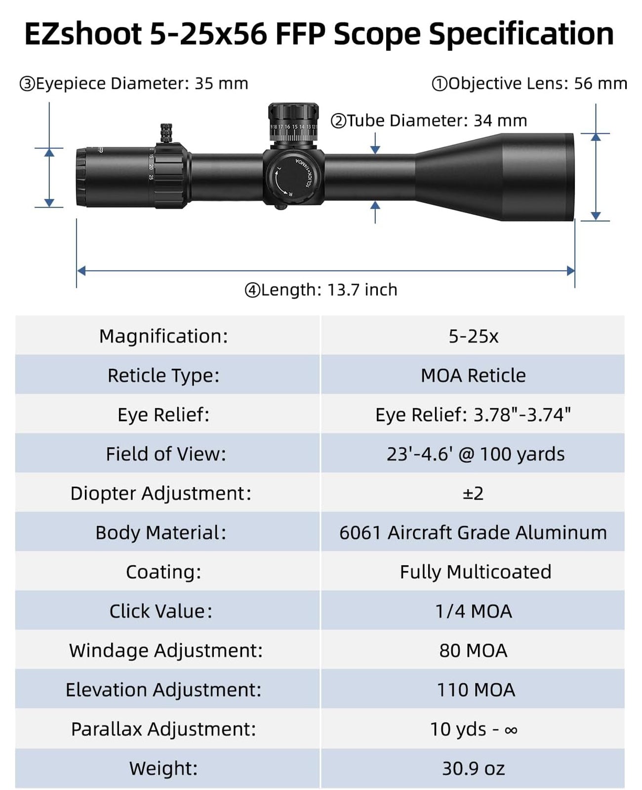 Specification of EZshoot 5-25x56 FFP Scope for AR-15 Rifles