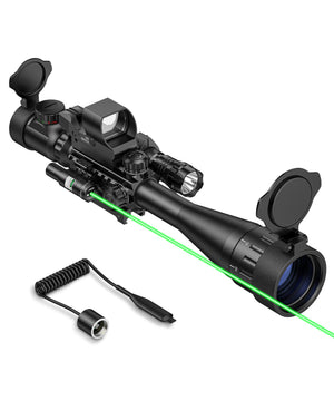 EZshoot 6-24x50 AO Rifle Scope Combo with Red Dot Sight, Green Laser Sight and Flahlight