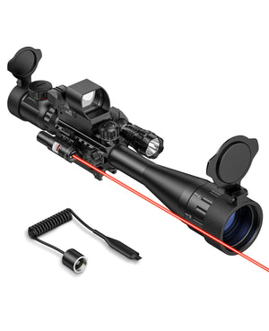 EZshoot 6-24x50 AO Rifle Scope with Dual Illumination, Scope Combo with Red Laser Sight, Red Dot Sight and Flashlight