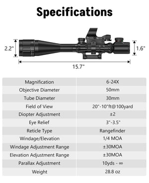 Specifications of EZshoot 6-24x50 AO Rifle Scope Combo for AR-15 Hunting