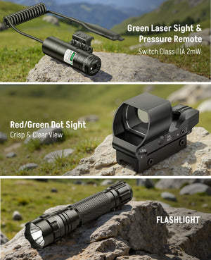 EZshoot Best Rifle Scope Combo with Green Laser Sight, Pressure Remote, Red/ Green Dot Sight and Flashlight