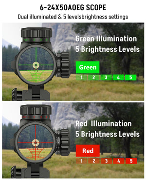EZshoot 6-24X50 AOGE Scope for AR-15 Rifles with Green/Red Illumination and 5 Brightness Levels