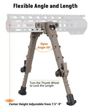EZshoot Stable Bipod with Flexible Angle and Length - Center Height Adjustable From 7.5 - 9 Inches