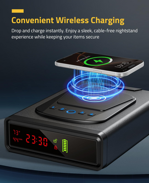EZshoot fingerprint gun safe, drop and charge instantly. enjoy a sleek, cable-free nightstand