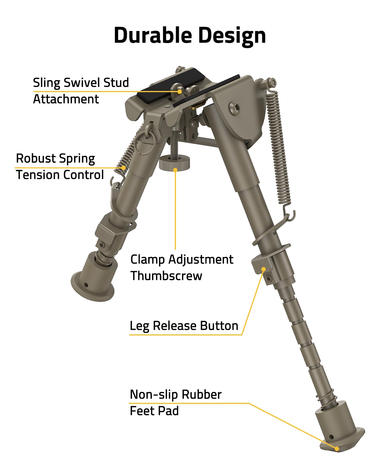 EZshoot Bipod, 6-9 Inch Adjustable Super Duty Tactical Bipod, Flat Dark Earth