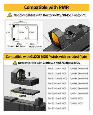 EZshoot Multi Reticle Sight, compatiblewith glock mos pistolswith included plate in red dot
