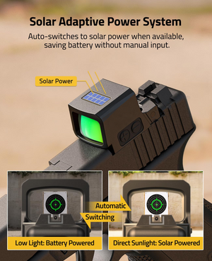 EZshoot green dot sight, low light: battery powered direct sunlight: solar powered